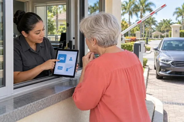 Security officer demonstrates a gate access app on a tablet to a community administrator at a residential entrance.