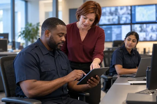 Software trainer guides a security supervisor through a tablet demonstration while another officer observes.