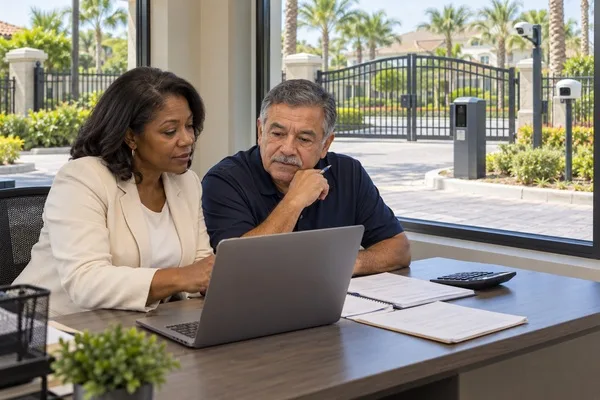 HOA representatives review budget documents and a laptop beside a window overlooking a gated community entrance.