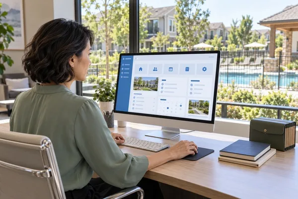 Community manager uses a unified dashboard at an organized desk overlooking a residential community courtyard.
