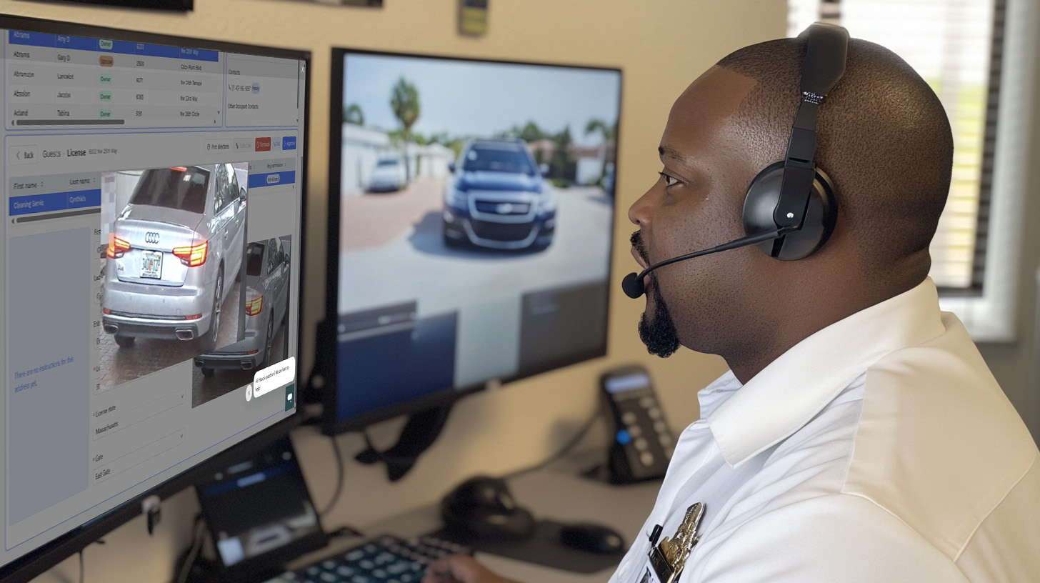 Security guard monitoring EntranceIQ remote visitor access system